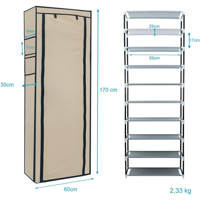 INTIRILIFE Folding Wardrobe 170x58x28 cm - with Zipper Fabric Wardrobe Clothes Rack Shoe Shelf with 9 Storage Compartments - Camping Folding Cabinet Textile Wardrobe (Creme Beige)