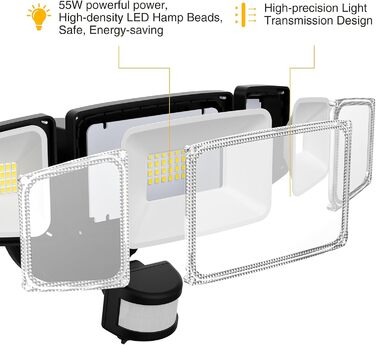 Onforu LED Floodlights with Motion Sensor Outdoor 55W, 5000 LM LED Floodlight, Outdoor Spotlight with Adjustable 3 Heads, 6500K Cool White Spotlight, IP65 Waterproof Floodlight for Garage, Garden, Yard