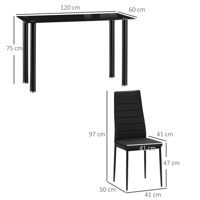 HOMCOM 5-piece dining set: dining table with 4 chairs, tempered glass top, black steel, for dining room & kitchen