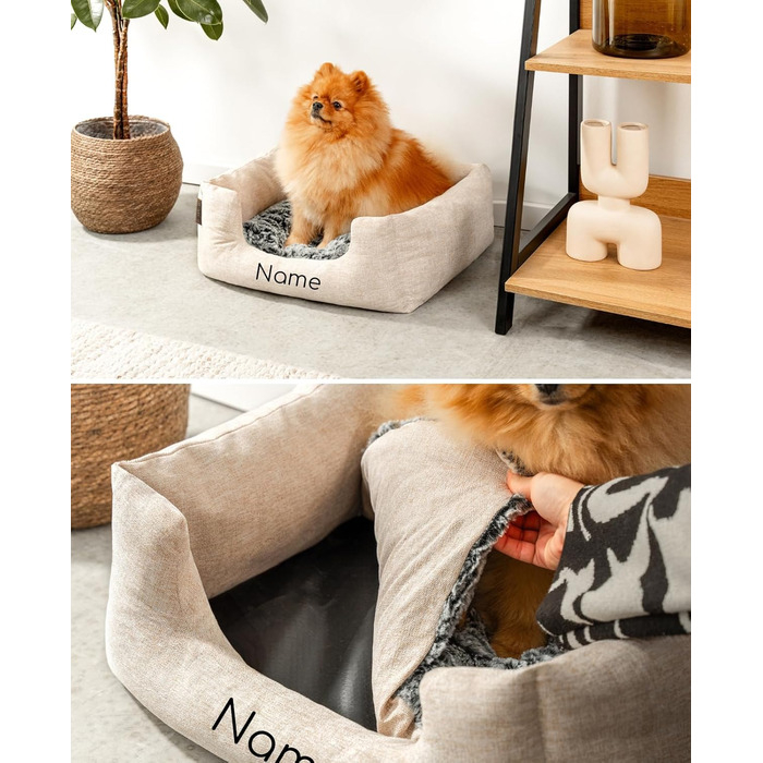 Lionto Dog Basket with Fluffy Reversible Cushion, Cozy Pet Bed in a Marbled Design with Deep Entry for Dogs & Cats of All Sizes, 80x60 cm, Soft Dog Bed, (Beige, L 60 x W 50 x H 22 cm (with name imprint))