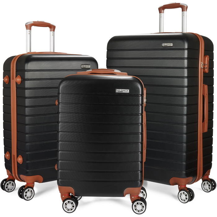 Набір валіз BruBaker Paris - 3 шт. з жорстким корпусом (M, L, XL) з кодовим замком, 4 колеса, ручки. Чорний та світло-коричневий