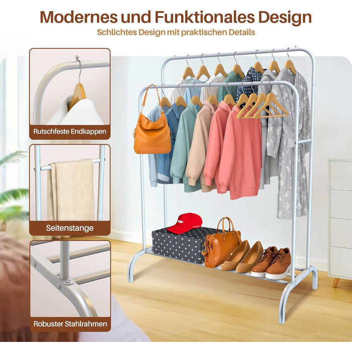 Підставка для одягу PORTENTUM: сталева, до 35 кг, з подвійною перекладиною та полицею для взуття, протиковзкі ніжки, захисні кінчики, швидкий монтаж, білий (без вішалок)