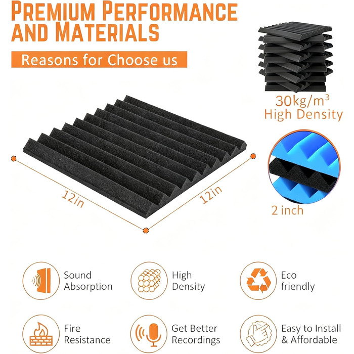 Акустичні панелі зі звукопоглинаючого поролону самоклеючі, 48 шт, пірамідні панелі для шумоізоляції студії та офісу, чорні, 30x30x2.5 см