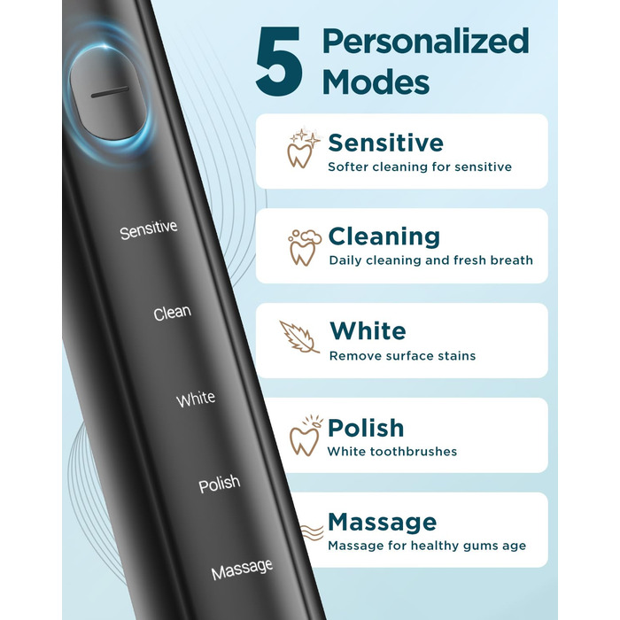 Електрична звукова зубна щітка для дорослих - відбілювання, ультразвукова, з кейсом для подорожей та зарядною станцією, 8 насадок, 5 режимів (Чорна)