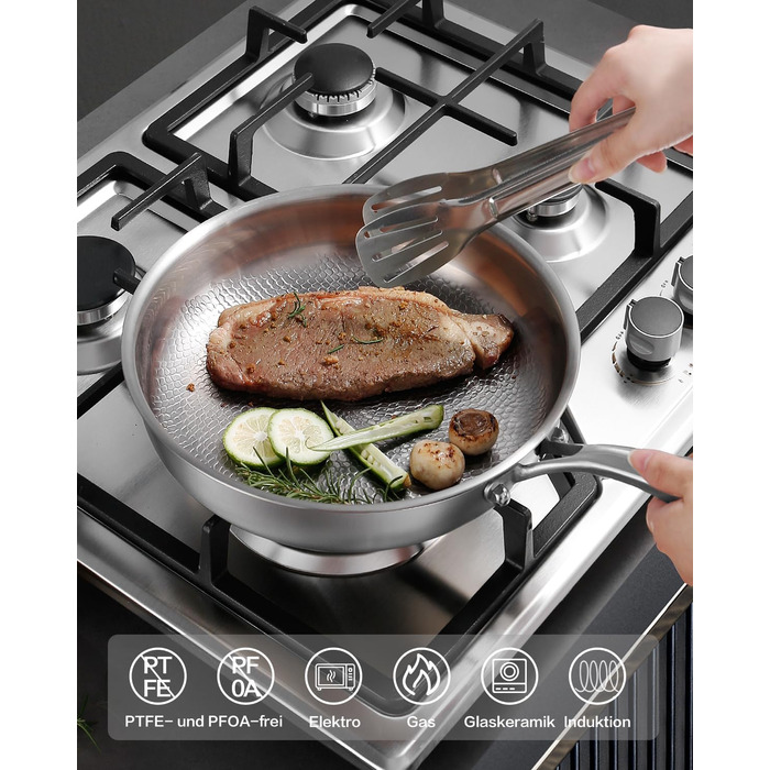 Сковорода з нержавіючої сталі 28 см, антипригарна, з кришкою, 18/10, для індукційних плит, енергоефективна, без PTFE та PFOA