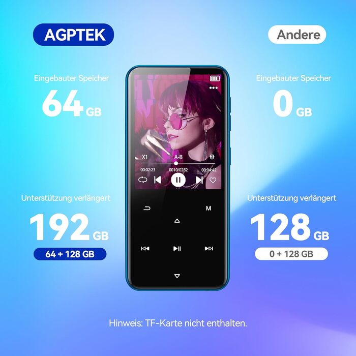 MP3-плеєр AGPTEK 64GB Bluetooth 5.3 з TFT екраном, FM-радіо, підтримкою до 128GB, функцією запису та E-Book (синій)