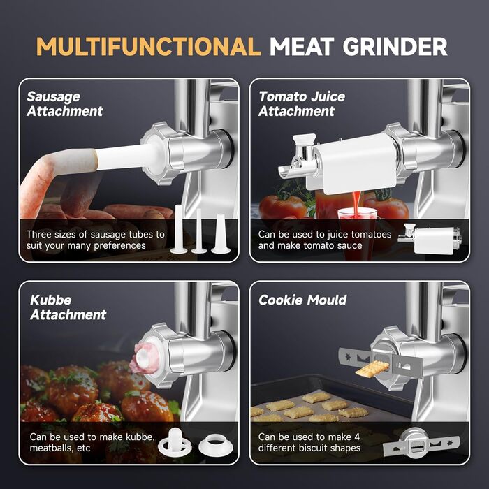 М'ясорубка електрична Hanchen 4-в-1 з насадками для ковбас та кубебе, 3 диски (3.5/5/7 мм) та овочерізка