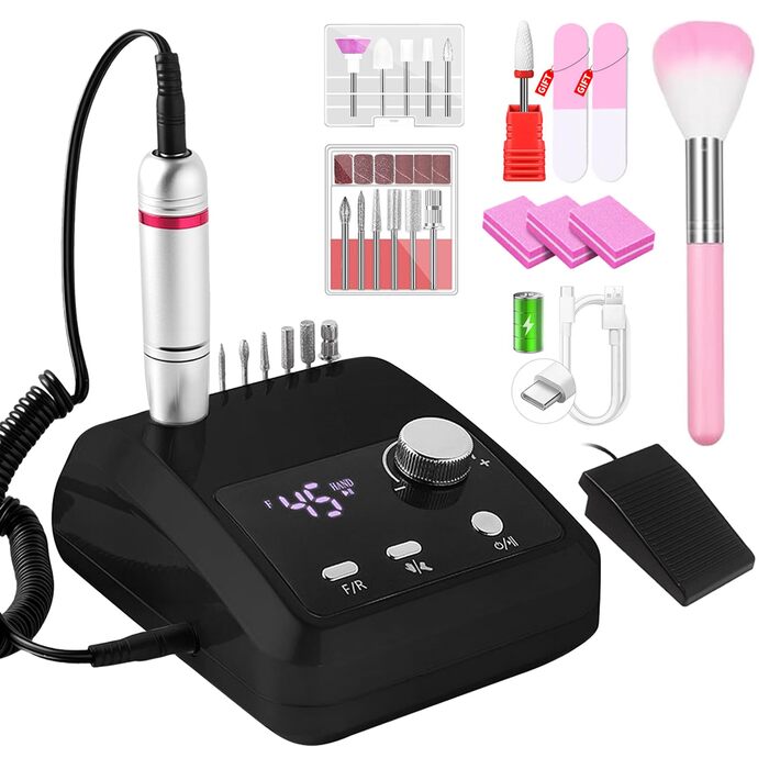 CozyZen Електрична шліфувальна машинка для нігтів Професійна: Комплект для догляду за нігтями з LCD-дисплеєм, керуванням рукою та ногою, тиха робота для акрилових, гелевих нігтів, манікюру та педикюру (Чорний Плюс)