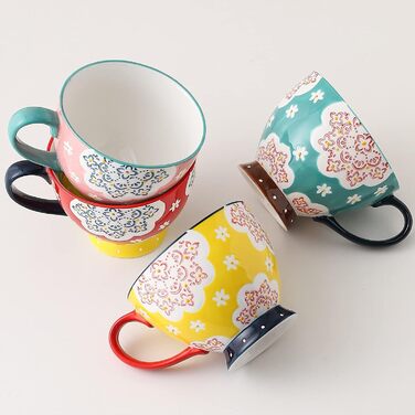 superyes Large Coffee Mug Set, 4 Pieces, Coffee Mug Set for Tea, Milk, Latte, Cappuccino, Cereal, Hot Chocolate, Soup, Gift for Friends, Family, 425 ml (Flower)