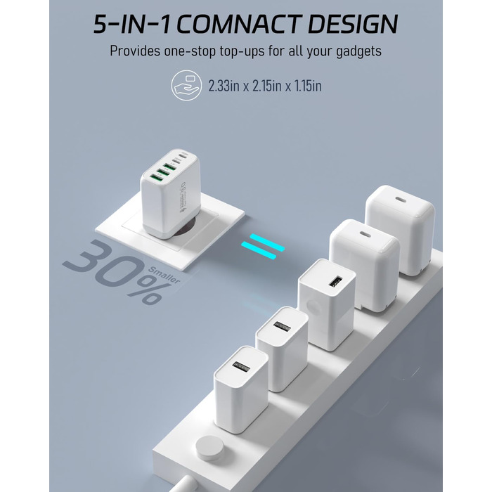 Багатопортовий зарядний пристрій Gcstnn 50W з 2 USB-C та 3 USB-A портами (білий) - для iPhone, iPad, Samsung Galaxy, Google