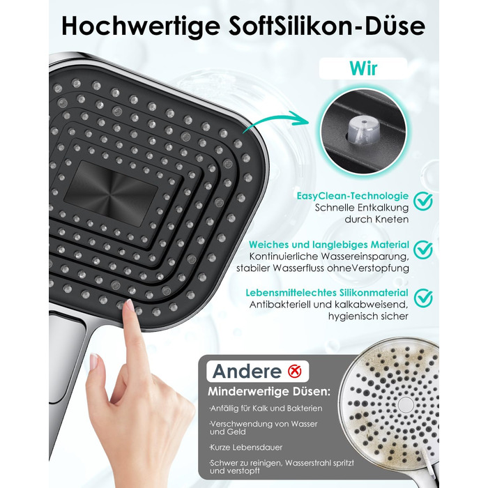 Економний душовий насадок з діаметром 135 мм, ручна лійка з антинакипною функцією, силікон харчового класу, економія води 43%, AirMix, 3 режими, хром (без шланга)