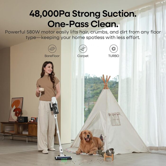 Акумуляторний пилосос ElecKeys 48000Pa/580W з LED дисплеєм, білий. Підходить для твердих поверхонь, килимів та видалення шерсті тварин. 7-шарова фільтрація, антизаплутана щітка, 65 хвилин роботи.