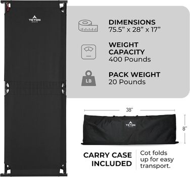 Кемпінгове ліжко TETON Sports Adventurer Limited Edition для дорослих, чорне | Розмір 75.5' x 25'