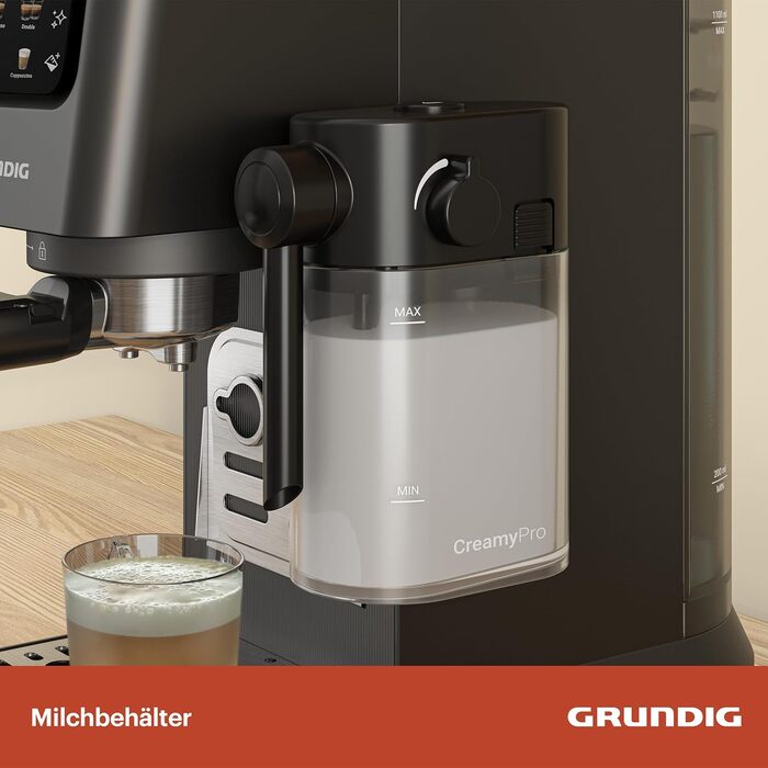 GRUNDIG KSM 5330 Espresso Machine with Integrated Milk Container, 1628 W Power, 15 bar Pump Pressure, Dual Nozzle, Color Touch Display, BrewSense, CreamyPro, Dark Inox/Black. With Milk Container