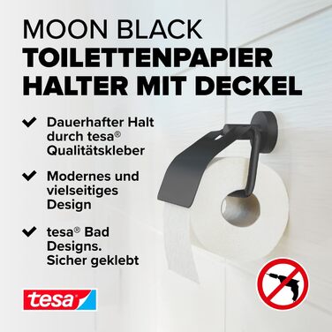Тримач для туалетного паперу tesa Moon Black з кришкою, матовий чорний, настінний без свердління, з клеєм, 53x140x128 мм