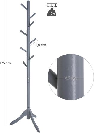 VASAGLE Coat Rack, Solid Wood Clothes Rack, Coat Stand with 8 Hooks, Tree Shape, 3 Adjustable Heights, for Coats, Jackets, Bags, for Entryway, Bedroom, Grey RCR01GY