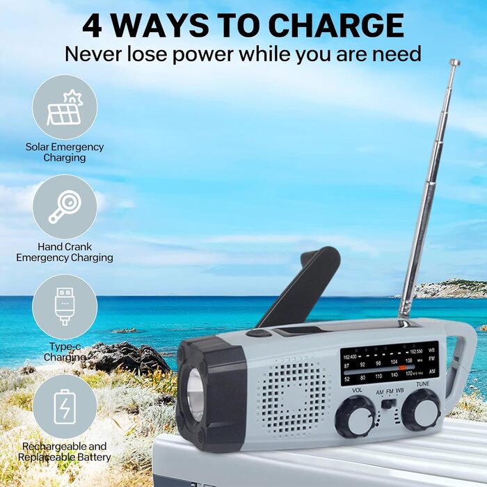 Радіо Kurbel з ручним заводом та сонячною панеллю, AM/FM/SW, 2000mAh, з SOS сигналом та ліхтариком - аварійне радіо для кемпінгу
