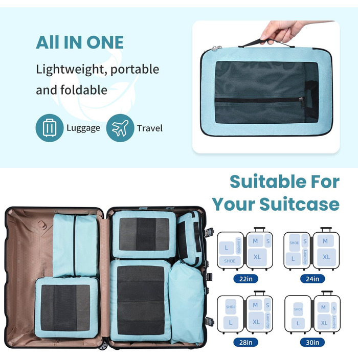 Органайзери для валізи компресійні, 6 шт., сітчасті, м'ятного кольору - Розділювачі для подорожей