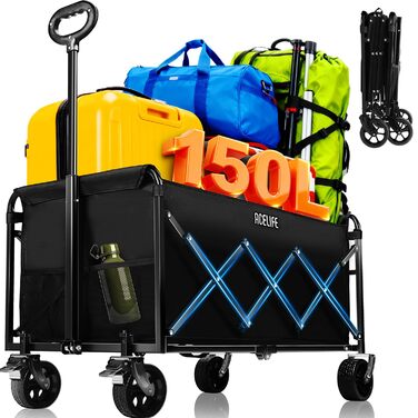Візок складний Bollerwagen 150л, вантажопідйомність 150 кг, регульована ручка, позашляхові колеса для кемпінгу, саду, відпочинку 94x43x42 см