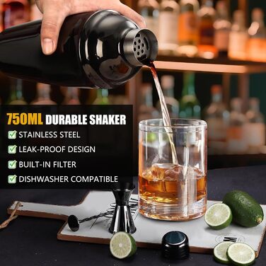 Набір для приготування коктейлів, 12 предметів, нержавіюча сталь, 750 мл, з дерев'яною підставкою та книгою рецептів