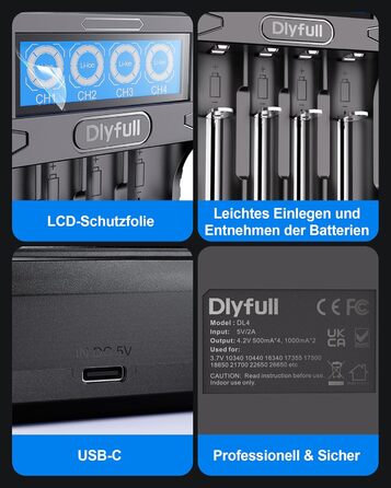 Зарядний пристрій Dlyfull 18650 Universal LCD для Li-ion акумуляторів 3.7V (18650, 21700, 26650, 22650, 20700, 16340, 14500) USB-C, 4 слоти