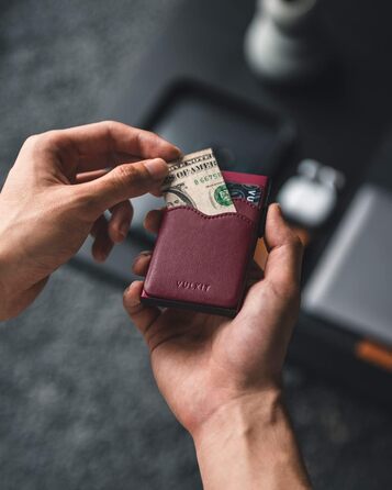 VULKIT Слайдер-гаманець з RFID захистом для карт та грошей, шкіряний мінімалістичний металевий картхолдер (Бордовий)