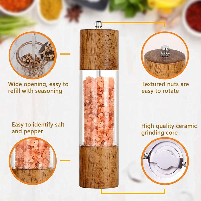 Salt and Pepper Grinder Set of 2 with Coasters, Manual Pepper Grinder, Wooden Salt Grinder, Adjustable Ceramic Grinder for Spices, Pepper, Salt, Height: 21.5 cm
