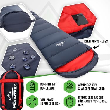Сплячий мішок MOUNTREX® - компактний та ультралегкий (760г/1500г) - Outdoor спальний мішок для літа (100GSM) / 3-4 сезони (300GSM) Мумієподібний спальний мішок – кемпінг, подорожі, фестивалі – теплий та з'єднувальний темно-синій/червоний літній спальник