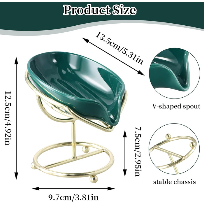 Набір з 2 мисок для мила з отвором, 13,5x8,5 см, кераміка, самостійний злив, у формі листка, білий, зелений
