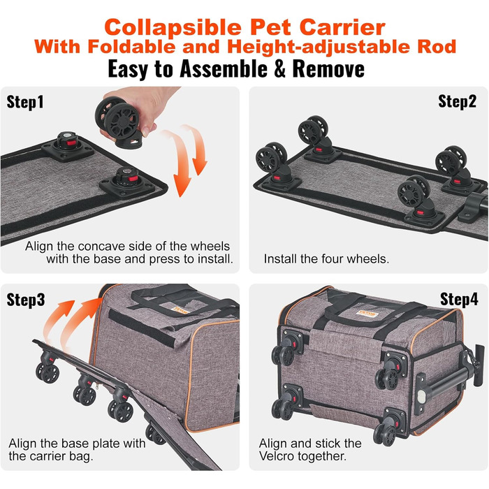 Тролей для собак VEVOR, розкладний рюкзак для собак до 15,8 кг, переноска для тварин з тканини 600D Oxford, 4 колеса, кишені для зберігання, ідеально для подорожей на авто та прогулянок (сірий, 10 кг)