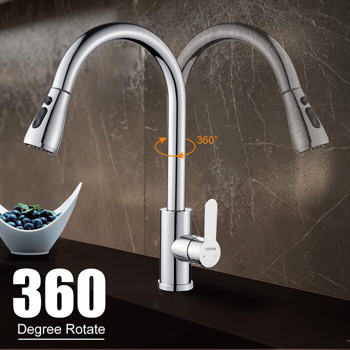 Змішувач для кухні Cobbe з висувною лійкою, 2 режими, високий поворотний вилив, однорідний важіль (хром)