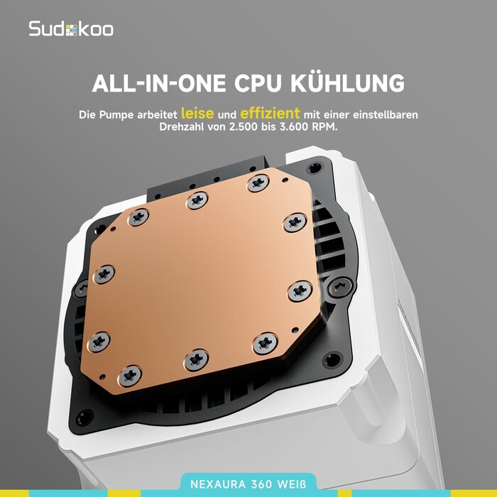 Система водяного охолодження CPU Sudokoo NEXAURA 360: AIO з 3 вентиляторами ARGB PWM та тихою помпою 2500–3600 RPM. Підтримка Intel LGA 1851/1700/1200/115X, AMD AM5/AM4. TDP 300W.