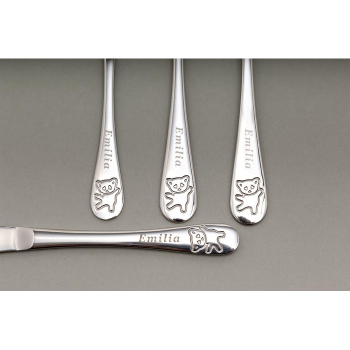 Дитячий столовий прилад Kinderbesteck з гравіюванням імені/мотива 'Teddy Bärchen' (ведмедик), 1 або 4 шт. у наборі, з нержавіючої сталі, гравіювання стильною літерою