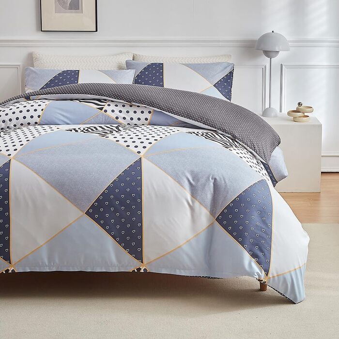 Набір постільної білизни з мармуровим малюнком 200x200, 3 частини: простирадло, 2 наволочки 80x80, мікрофібра, з блискавкою (блакитний трикутник, крапка)