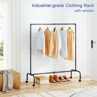 FANHAO Clothing Rack with Wheels, Industrial Heavy-Duty Pipe Clothing Rack, Rollable Garment Rack for Hanging Clothes, 250 lb (113 kg) Weight Capacity, 2 Brakes, Matte Black