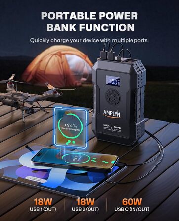 Пусковий пристрій для авто (Бустер) з компресором 160 PSI, 5000A, 12V, портативний Jump Starter для бензинових та дизельних двигунів (до 10л), Type-C, ліхтарик