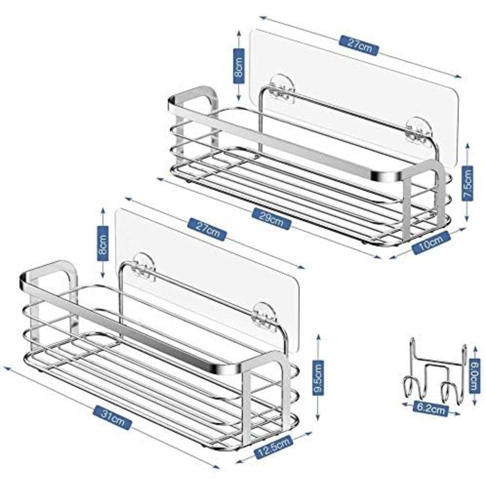 Avoalre Shower Caddy, Stainless Steel Shower Shelf, No Drilling Required, Shower Basket with Strong Adhesive, 2 Pack, Lightweight Shower Shelf with 1 Movable Suction Hook