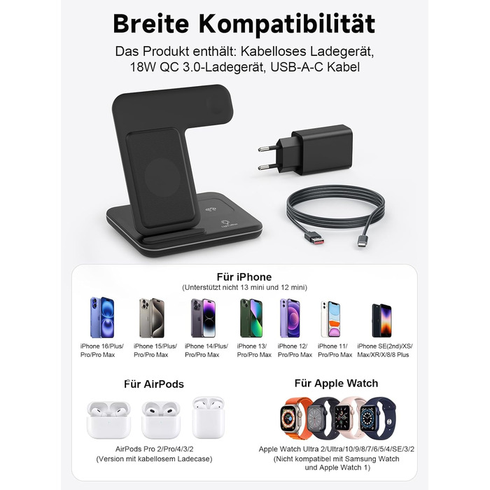 Бездротова зарядка 3-в-1 для Apple iPhone, Apple Watch та AirPods (чорний)