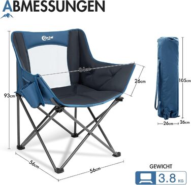 Крісло для кемпінгу складне, XXL, з підлокітниками, 150 кг, блакитне