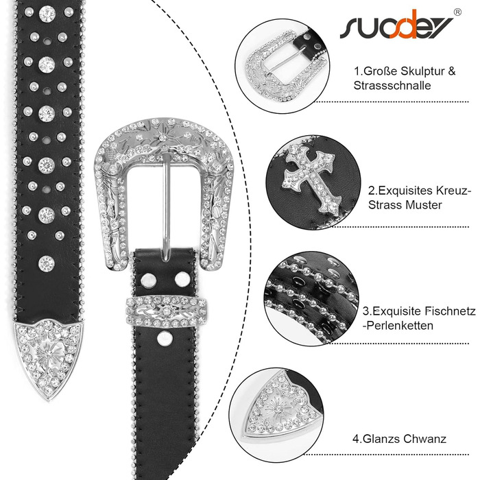 Чоловічий/Жіночий шкіряний ремінь SUOSDEY з стразами, декоративним хрестом, стиль ковбойський/вестерн, ширина 3.8 см, колір чорний/білий, довжина 115 см, підходить для талії 84-98 см