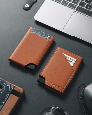 Чоловічий гаманець-картхолдер VULKIT з RFID-захистом, сліма металевий кейс з відділенням для купюр та монет, коричневий