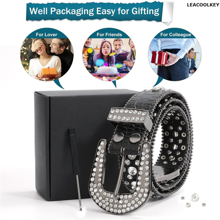 Стильний ремінь LEACOOLKEY з камінням та заклепками, жіночий та чоловічий, PU шкіра, для джинсів, чорний