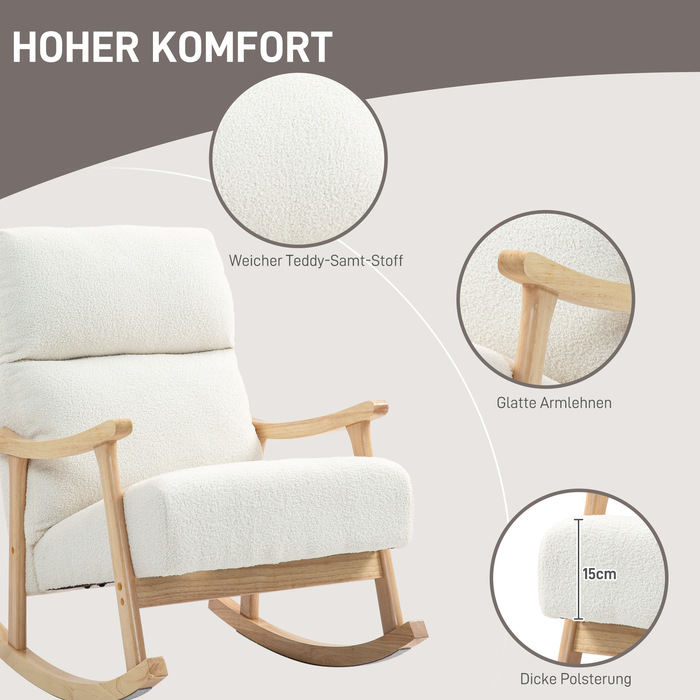 HOMCOM Rocking Chair, Ergonomic Swivel Chair, Armchair, Still Chair with Velvet-Look, Rocking Chair with a Load Capacity of 120 kg, for Bedroom, Living Room, Cream White | Aosom