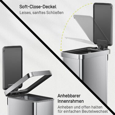 Відро для сміття EKO Madison 30L з винімним контейнером, м'яким закриттям кришки, стійке до відбитків пальців, нержавіюча сталь, прямокутне, з мішками для сміття 20 шт. (50L)
