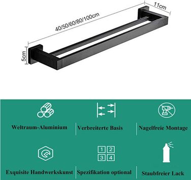 Тримач для рушників на стіну, чорний мат, з подвійними перекладинами, нержавіюча сталь, 100 см, для ванної кімнати
