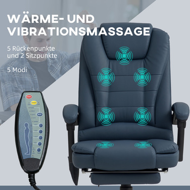 Vinsetto Massage Office Chair with 7 Vibration Points, Adjustable Footrest & Backrest, Up to 120 kg (265 lbs), Faux Leather, Blue