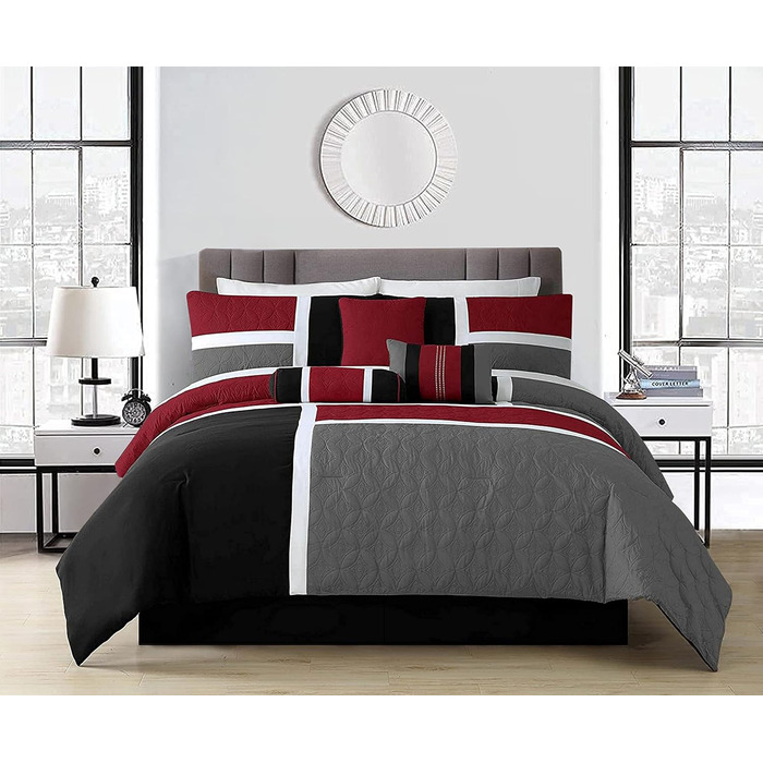 Комплект постільної білизни Chezmoi Collection Upland, 7-piece, Patchwork, для ліжка King Size (Oversized), червоно-сірий-чорний