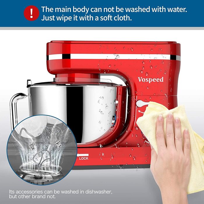Кухонна машина Vospeed (червона), тістоміс 5QT, 8 швидкостей, чаша з нержавіючої сталі, набір насадок (гак, вінчик, міксер), придатна для мийки в посудомийній машині
