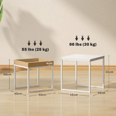 HOMCOM 2-Piece Couch Table Set, Square Side Table, Coffee Table with Steel Frame, Sofa Table in Modern Design, for Living Room, Holds up to 30 kg, White+Oak | Aosom