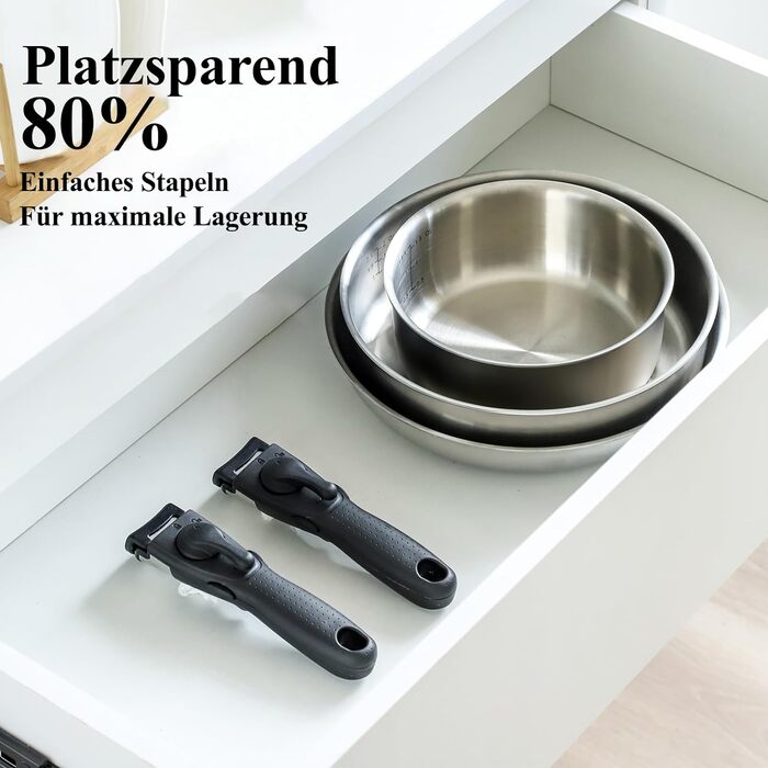 Набір каструль та сковорідок ROYDX з нержавіючої сталі 18/10 з знімними ручками, набір для індукційних плит, стікений, з кришкою, без PTFE PFOA, 10 предметів, придатний для миття в посудомийній машині та духовці